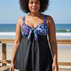 Robby Len - EC - Vintage Elegant Purple and Black One-Piece Swim Dress
